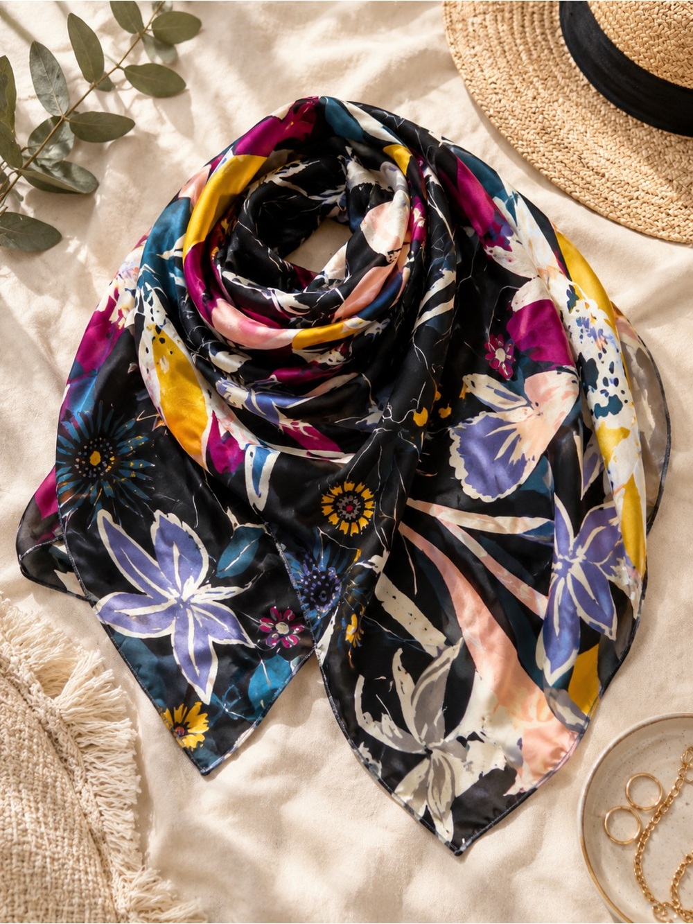 Vintage Silk Crepe Floral Scarf, Abstract Botanical Print, Black Multicolor